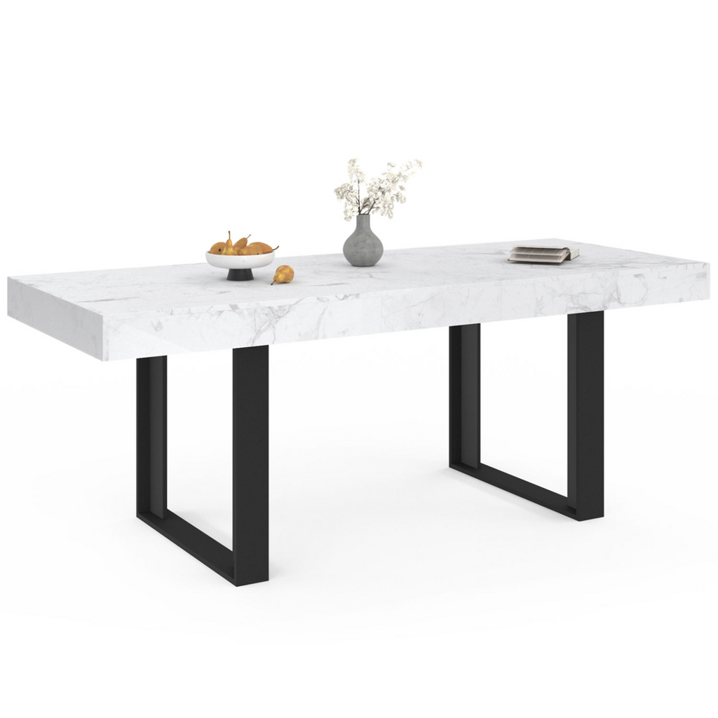 Table de salle à manger extensible rectangulaire PHOENIX 4-8 personnes, plateau effet marbre blanc ALASKA 160-200 cm