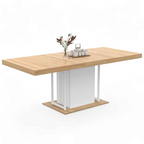 Table à manger extensible rectangulaire UGO 6-10 personnes, aspect hêtre et blanc, 160-200 cm