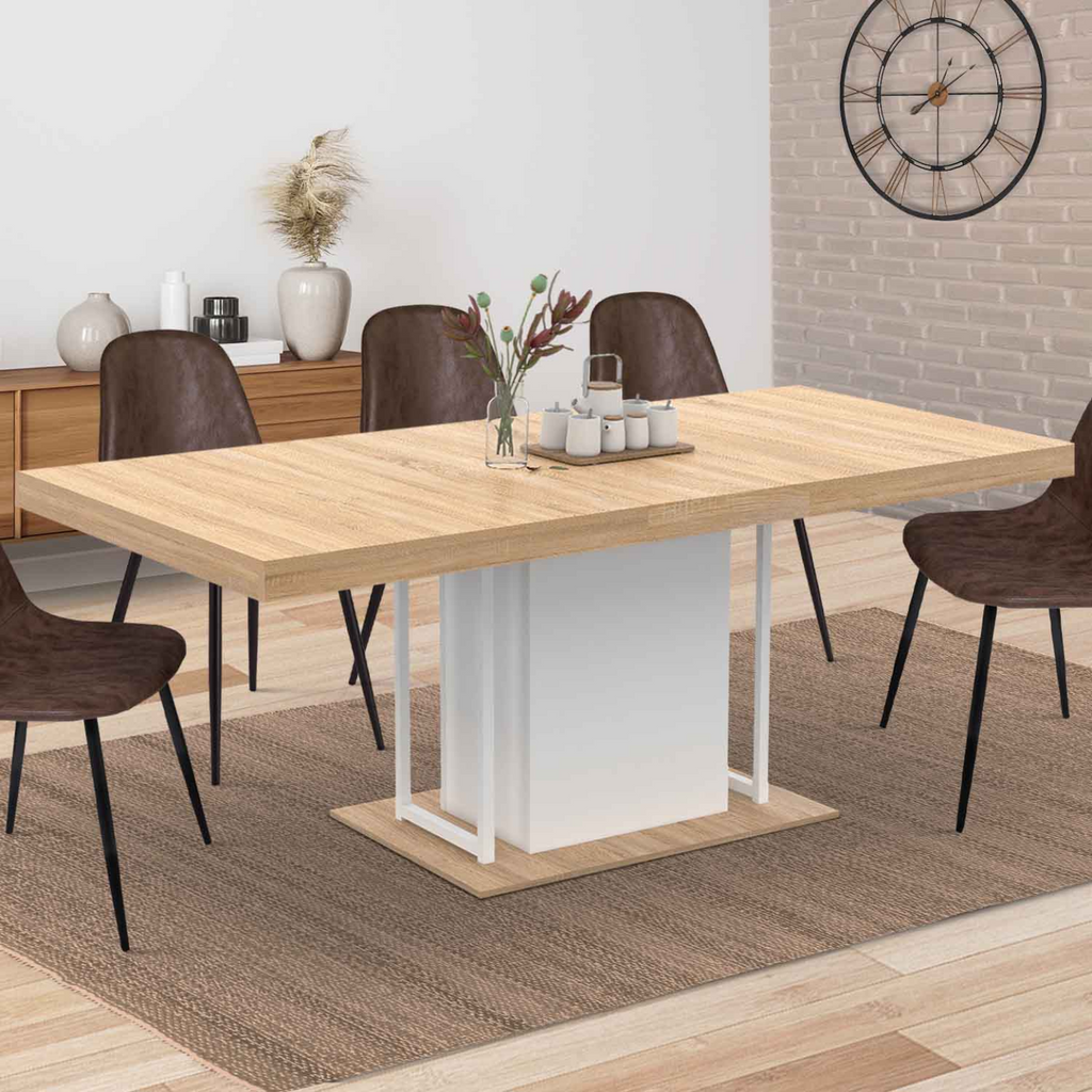 Table à manger extensible rectangulaire UGO 6-10 personnes, aspect hêtre et blanc, 160-200 cm
