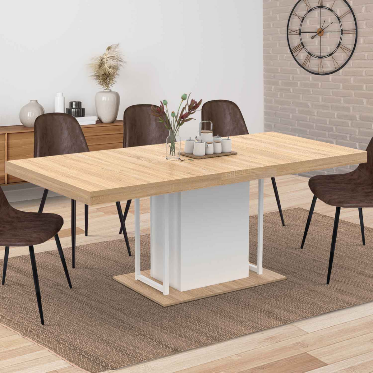 Table à manger extensible rectangulaire UGO 6-10 personnes, aspect hêtre et blanc, 160-200 cm