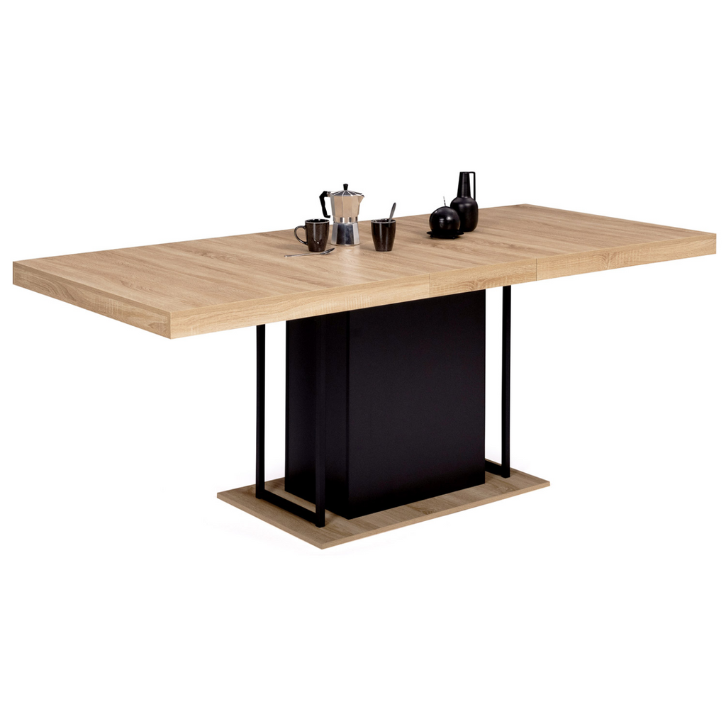 Table à manger rectangulaire extensible UGO 6-10 personnes, aspect hêtre et noir, 160-200 cm