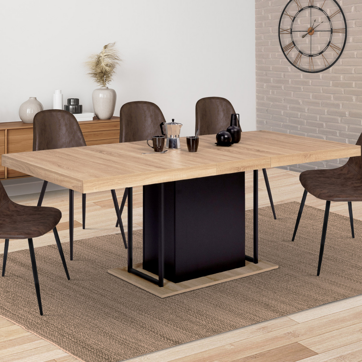 Table à manger rectangulaire extensible UGO 6-10 personnes, aspect hêtre et noir, 160-200 cm