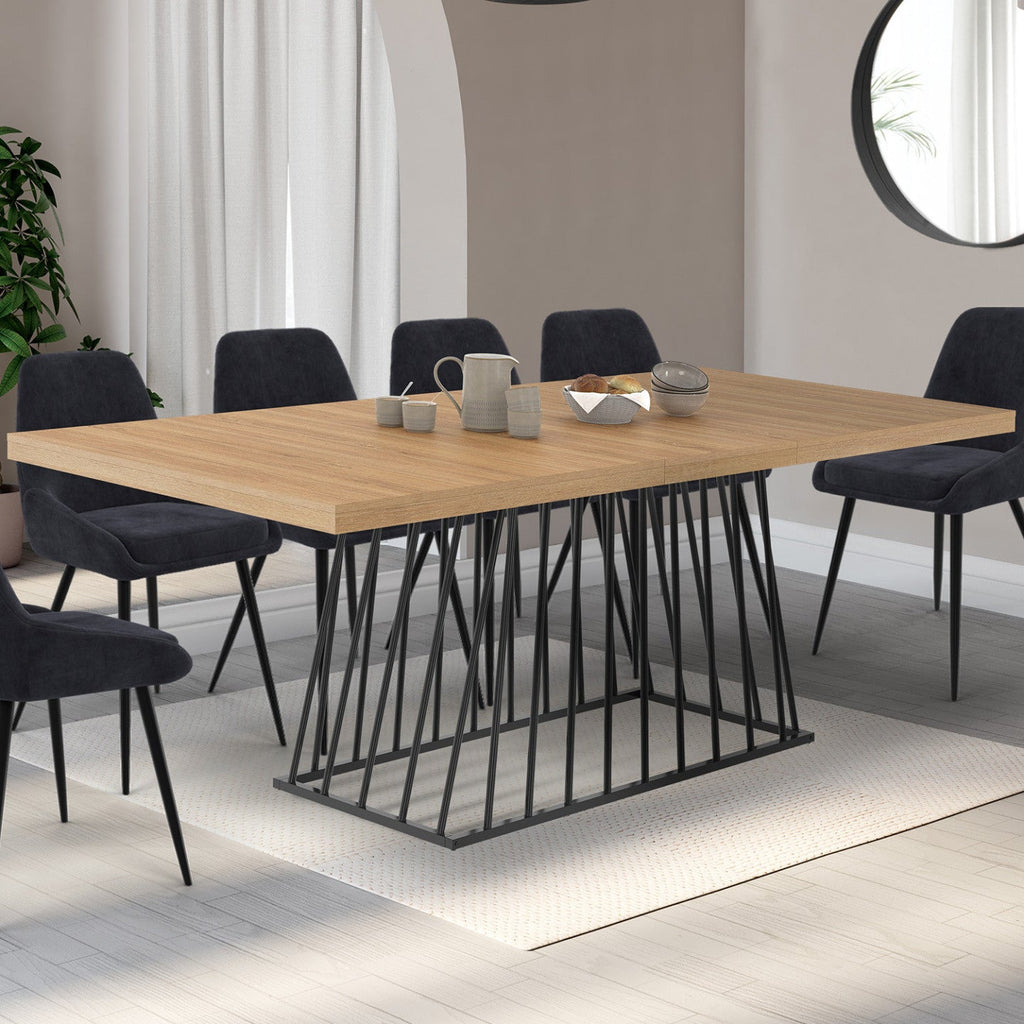 Table à manger rectangulaire extensible YUNA 6-10 personnes, plateau en bois et piètement filaire en métal noir, 160 - 200 cm