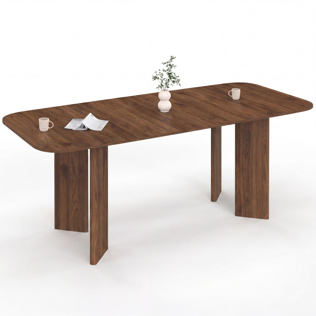 Table de salle à manger rectangulaire extensible arrondie CAPUCINE 6-10 personnes, 4 pieds design arrondi, noyer, 160-200 cm