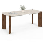 Table de salle à manger rectangulaire extensible aux bords arrondis TESS 6-10 personnes, 4 pieds arrondis en noyer, plateau en travertin, 160-200 cm