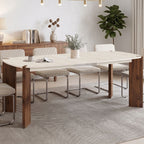 Table de salle à manger rectangulaire extensible aux bords arrondis TESS 6-10 personnes, 4 pieds arrondis en noyer, plateau en travertin, 160-200 cm