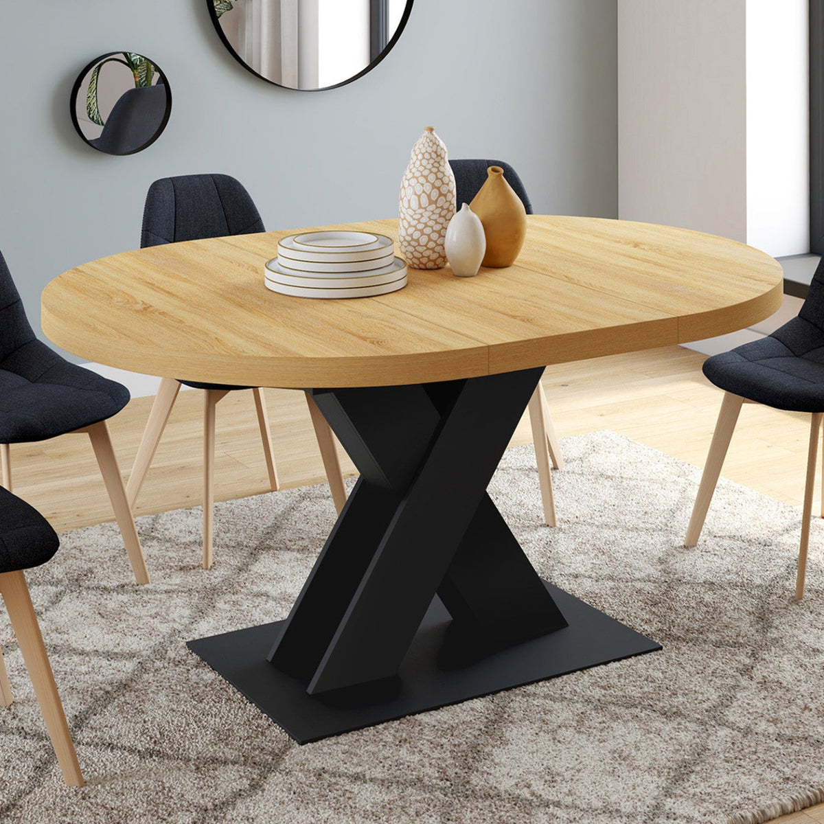 Table à manger ronde extensible ALICIA 4-8 personnes bois et noir 110 - 150 cm