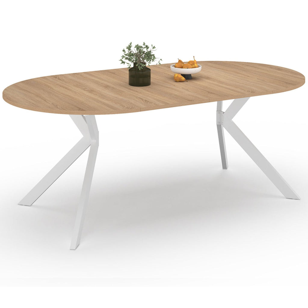 Table de salle à manger ronde extensible ALIX, 4 à 10 personnes, pied araignée, bois et blanc, 110-200 cm