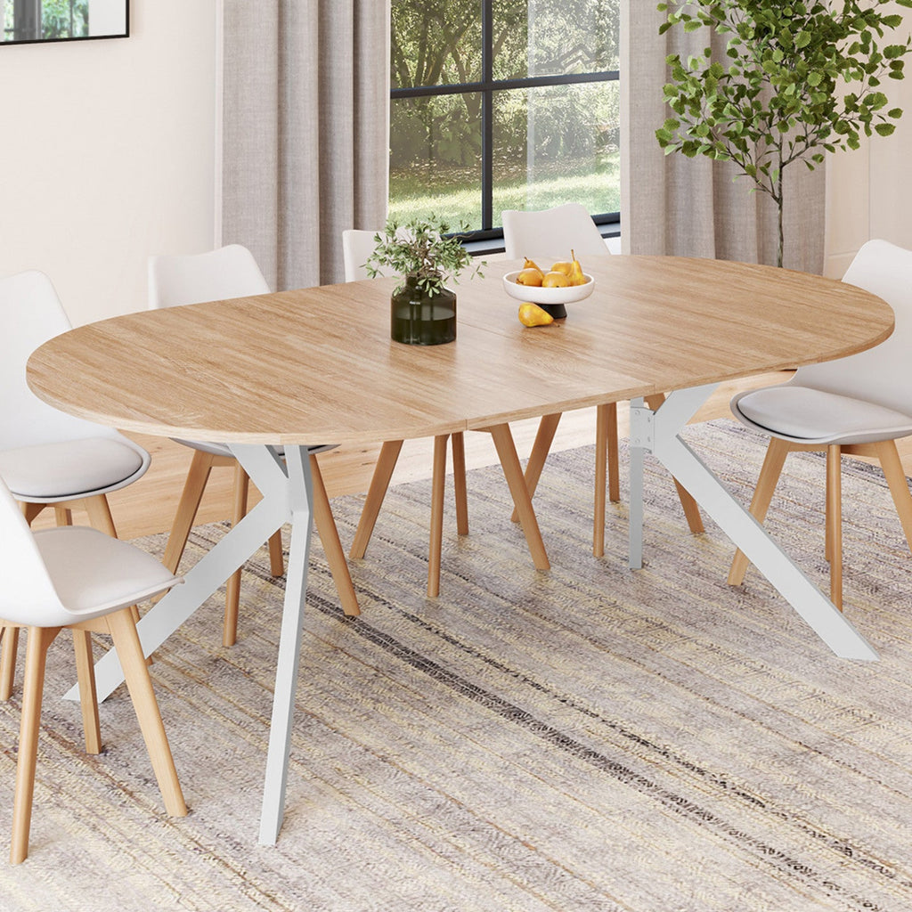 Table de salle à manger ronde extensible ALIX, 4 à 10 personnes, pied araignée, bois et blanc, 110-200 cm