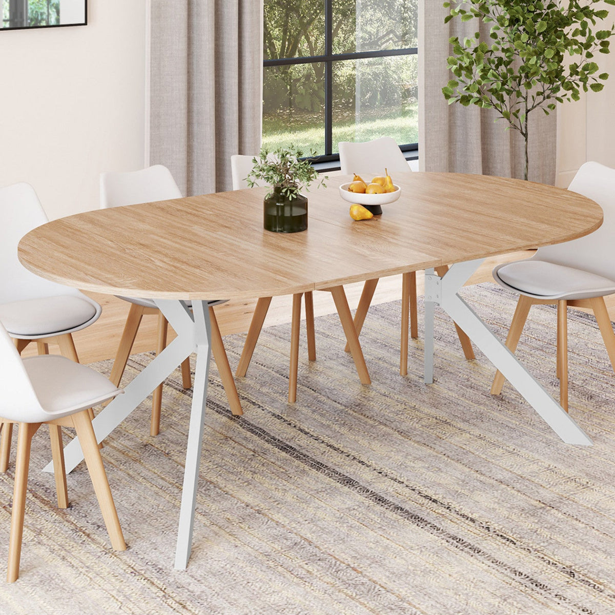 Table de salle à manger ronde extensible ALIX, 4 à 10 personnes, pied araignée, bois et blanc, 110-200 cm
