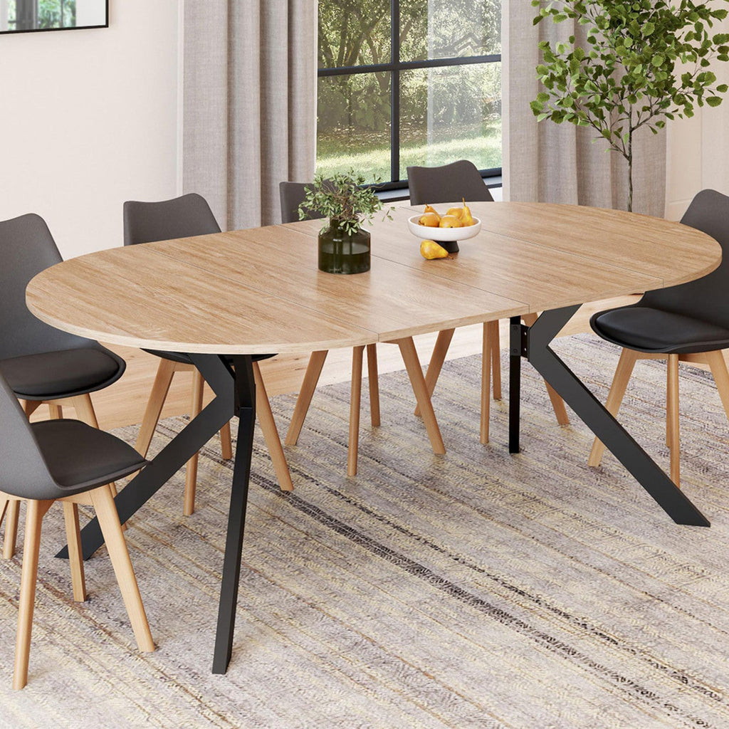 Table à manger ronde extensible ALIX 4-10 personnes, pied araignée bois et noir, 110-200 cm
