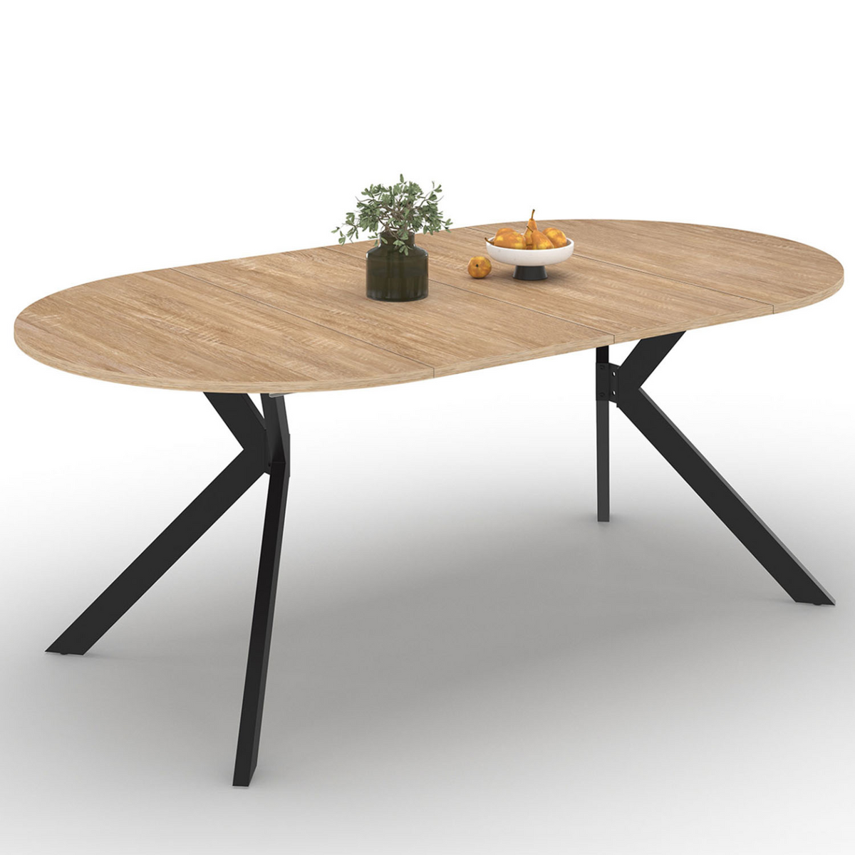 Table à manger ronde extensible ALIX 4-10 personnes, pied araignée bois et noir, 110-200 cm