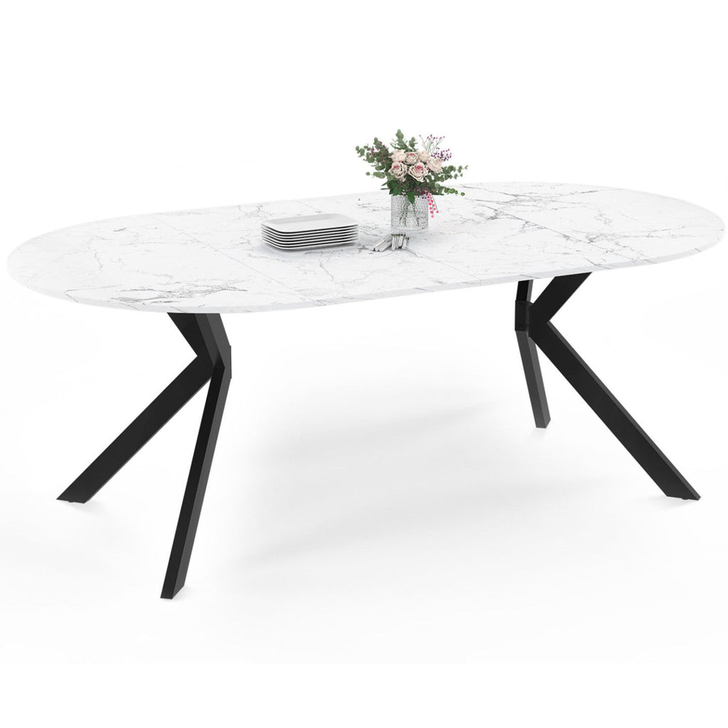Table à manger extensible ronde ALIX 4-10 personnes, pied araignée noir, plateau effet marbre blanc ALASKA 110-200 cm