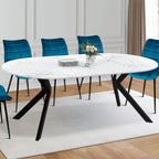 Table à manger extensible ronde ALIX 4-10 personnes, pied araignée noir, plateau effet marbre blanc ALASKA 110-200 cm