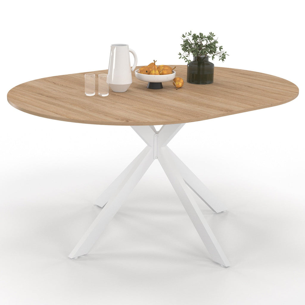 Table à manger ronde extensible ALIX 4-8 personnes, pied araignée bois et blanc, 110-150 cm