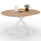 Table à manger ronde extensible ALIX 4-8 personnes, pied araignée bois et blanc, 110-150 cm