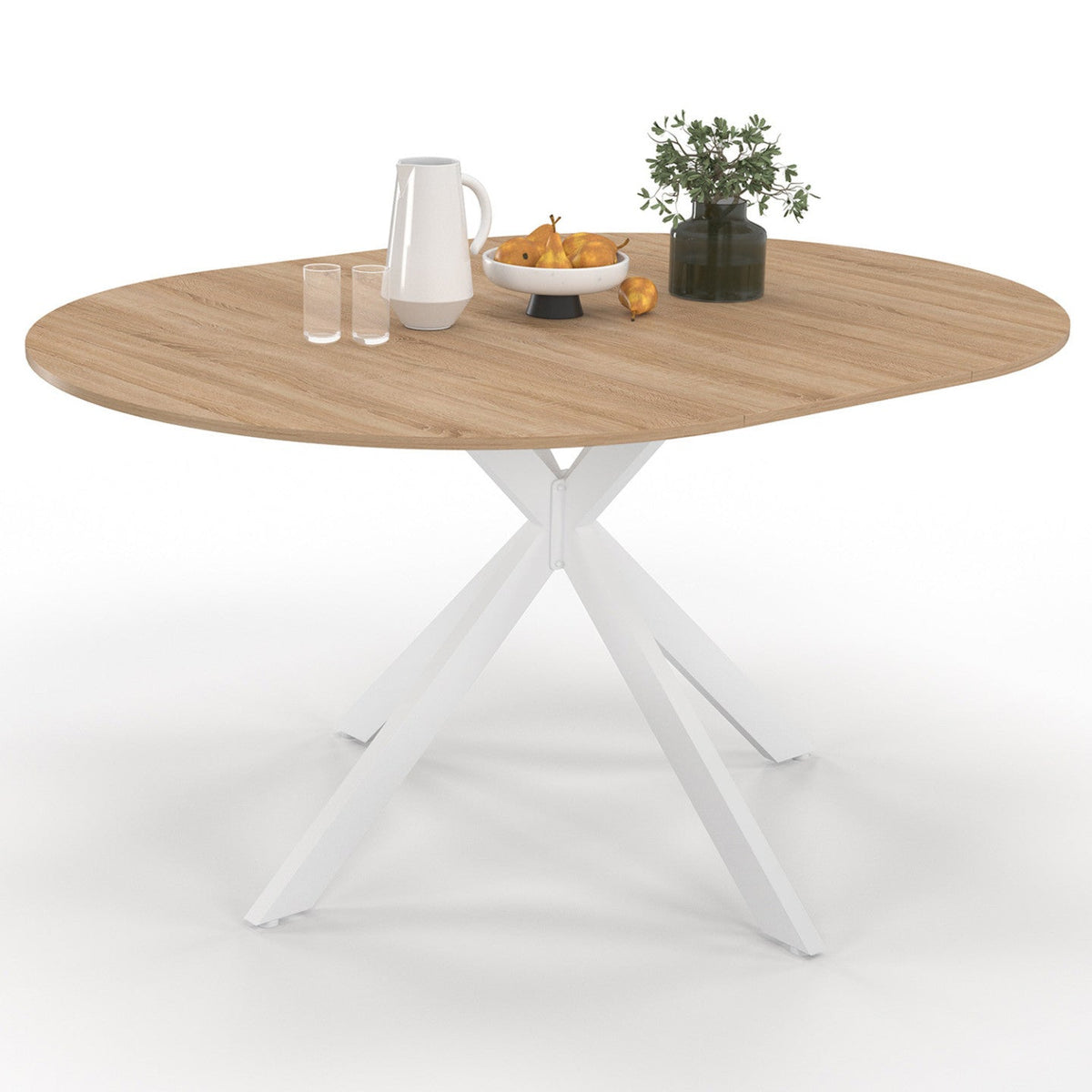 Table à manger ronde extensible ALIX 4-8 personnes, pied araignée bois et blanc, 110-150 cm