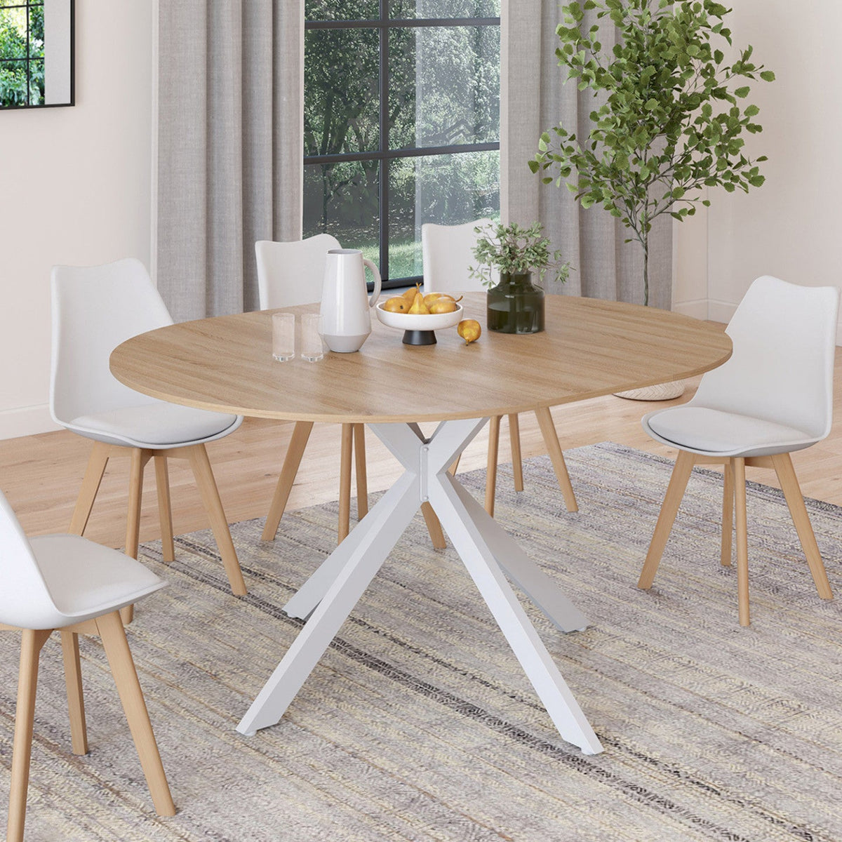 Table à manger ronde extensible ALIX 4-8 personnes, pied araignée bois et blanc, 110-150 cm