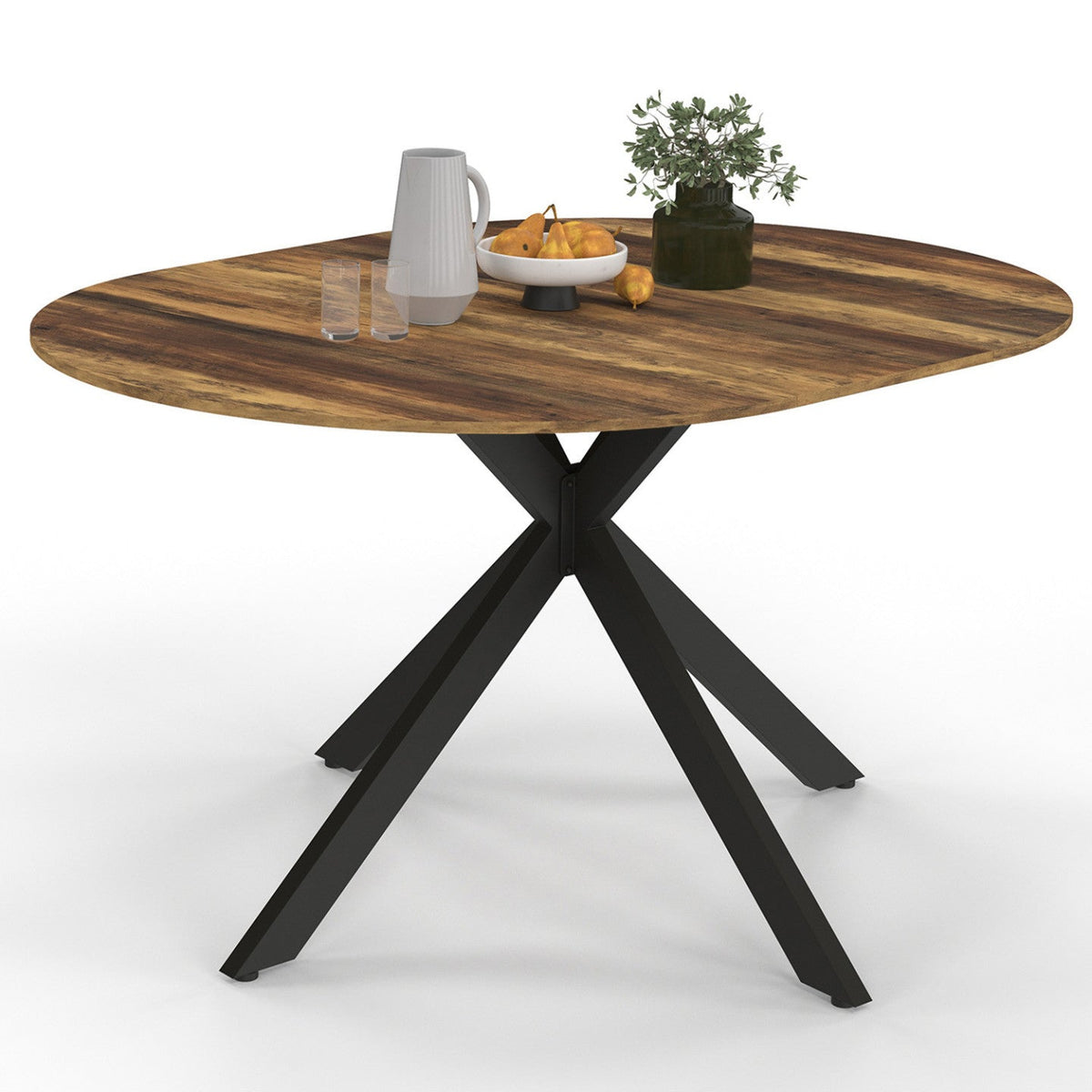 Table à manger extensible ronde ALIX pour 4-8 personnes, pied araignée noir et plateau bois foncé HAWKINS 110-150 cm