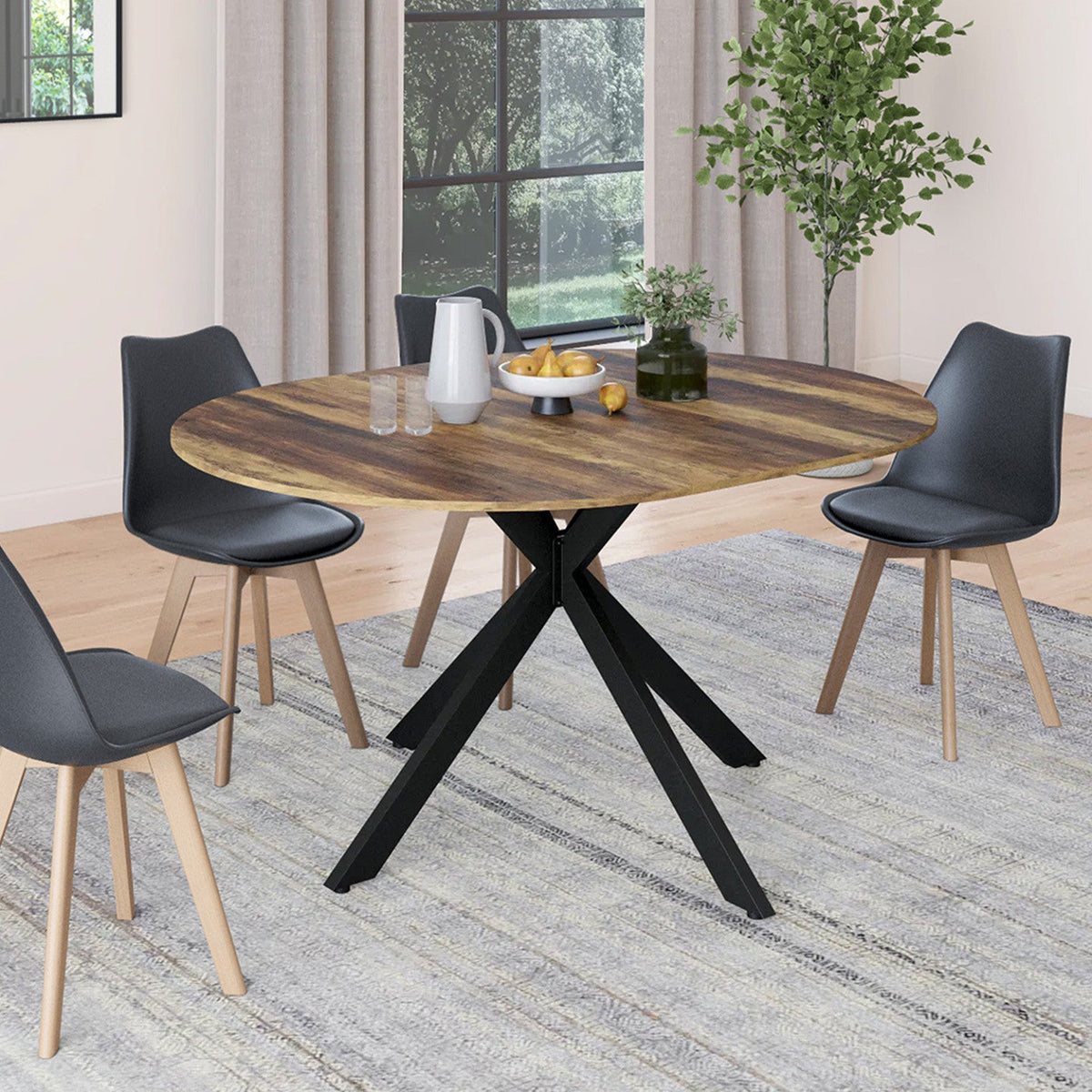 Table à manger extensible ronde ALIX pour 4-8 personnes, pied araignée noir et plateau bois foncé HAWKINS 110-150 cm