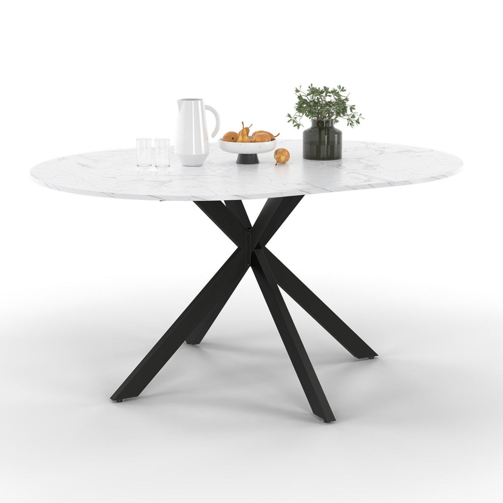 Table de salle à manger ronde extensible ALIX 4-8 personnes, pied araignée noir, plateau effet marbre blanc ALASKA 110-150 cm