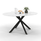 Table de salle à manger ronde extensible ALIX 4-8 personnes, pied araignée noir, plateau effet marbre blanc ALASKA 110-150 cm