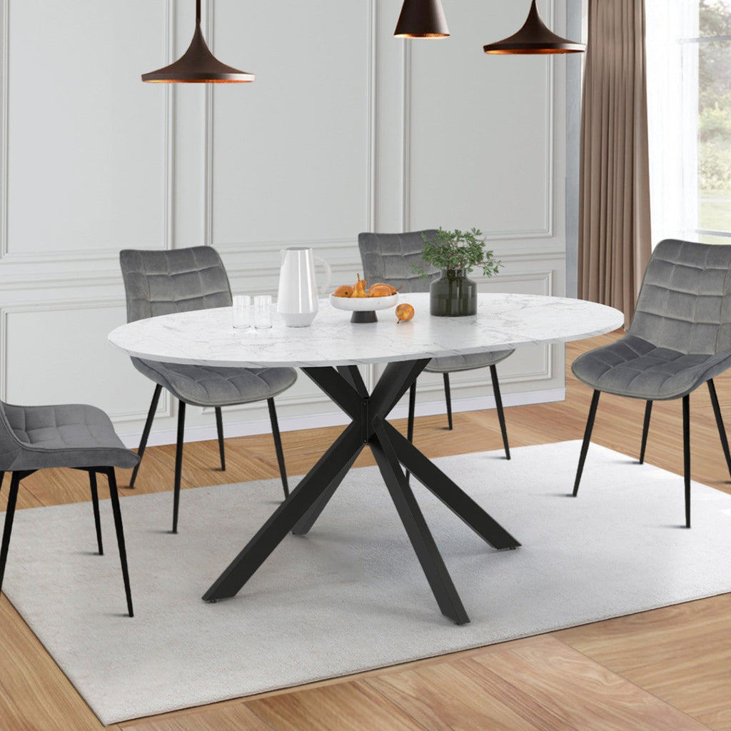 Table de salle à manger ronde extensible ALIX 4-8 personnes, pied araignée noir, plateau effet marbre blanc ALASKA 110-150 cm