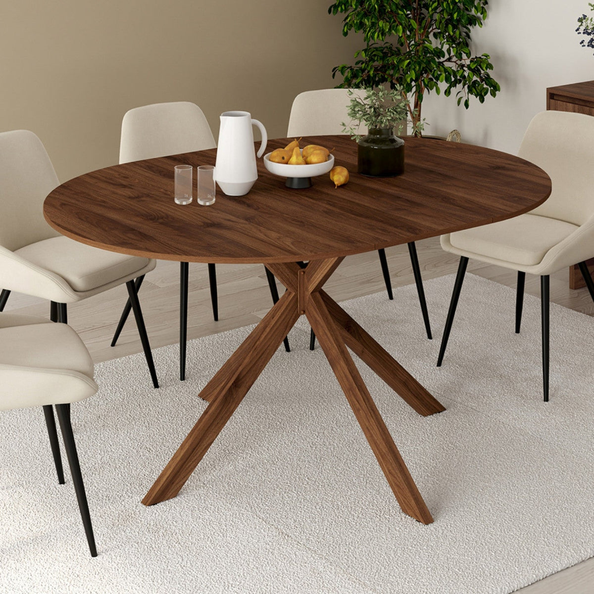 Table à manger ronde extensible ALIX 4-8 personnes pied araignée noyer 110-150 cm
