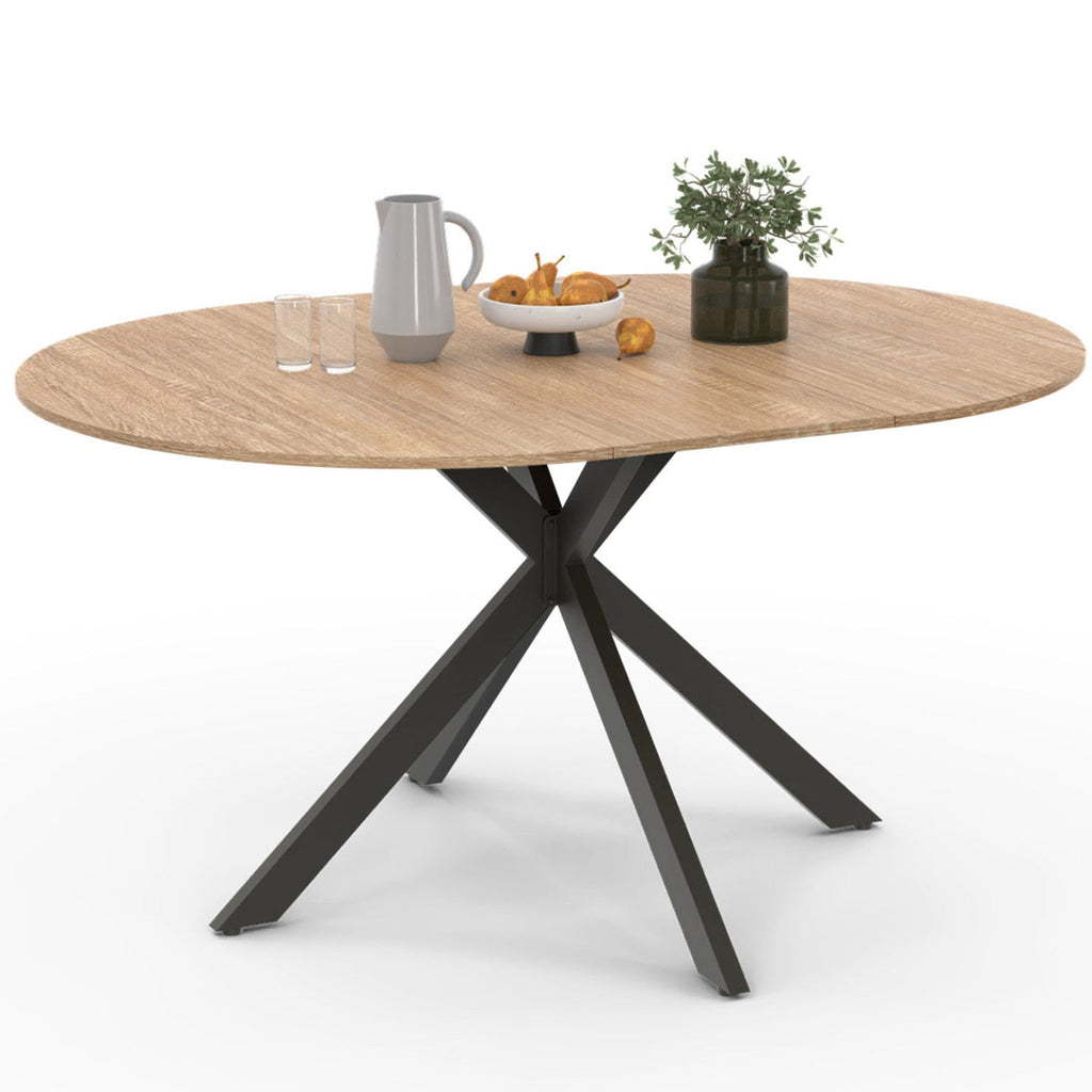 Table à manger ronde extensible ALIX 4-8 personnes, pied araignée, bois et noir, 110-150 cm