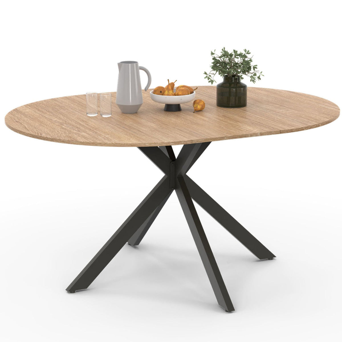 Table à manger ronde extensible ALIX 4-8 personnes, pied araignée, bois et noir, 110-150 cm