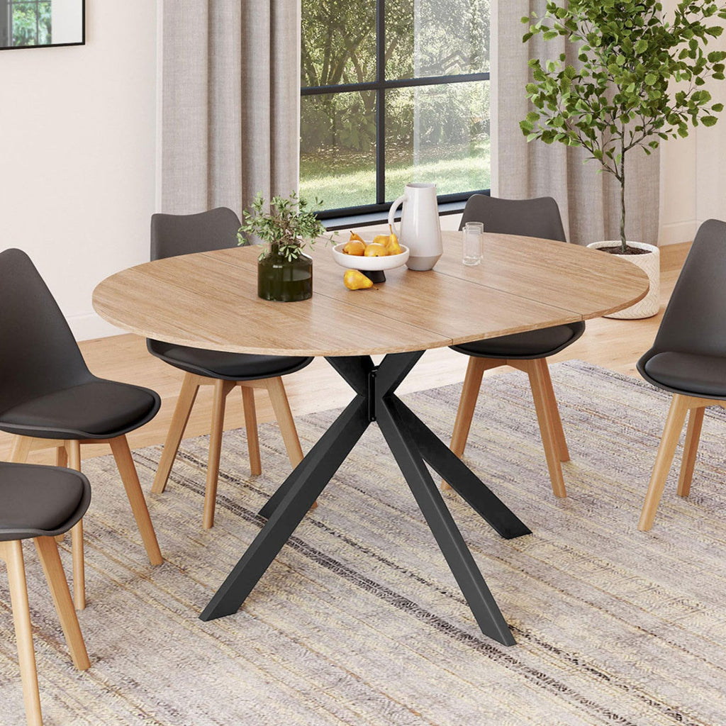 Table à manger ronde extensible ALIX 4-8 personnes, pied araignée, bois et noir, 110-150 cm