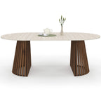Table à manger extensible ronde CARMEN 4-10 personnes, pied en lattes de noyer et plateau effet travertin, 110-200 cm
