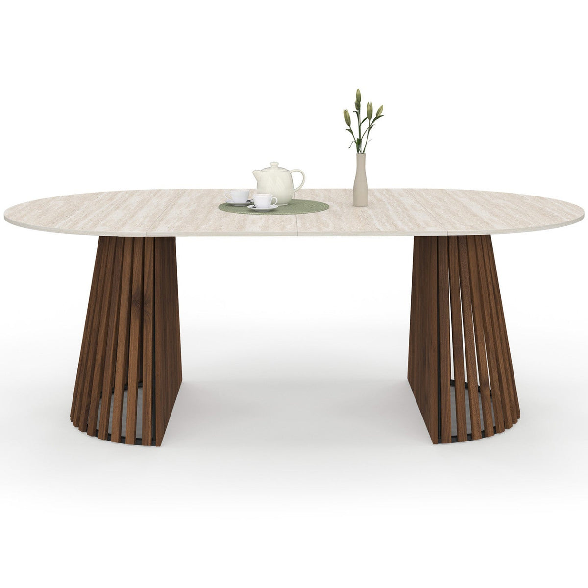 Table à manger extensible ronde CARMEN 4-10 personnes, pied en lattes de noyer et plateau effet travertin, 110-200 cm