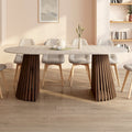 Table à manger extensible ronde CARMEN 4-10 personnes, pied en lattes de noyer et plateau effet travertin, 110-200 cm