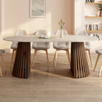 Table à manger extensible ronde CARMEN 4-10 personnes, pied en lattes de noyer et plateau effet travertin, 110-200 cm