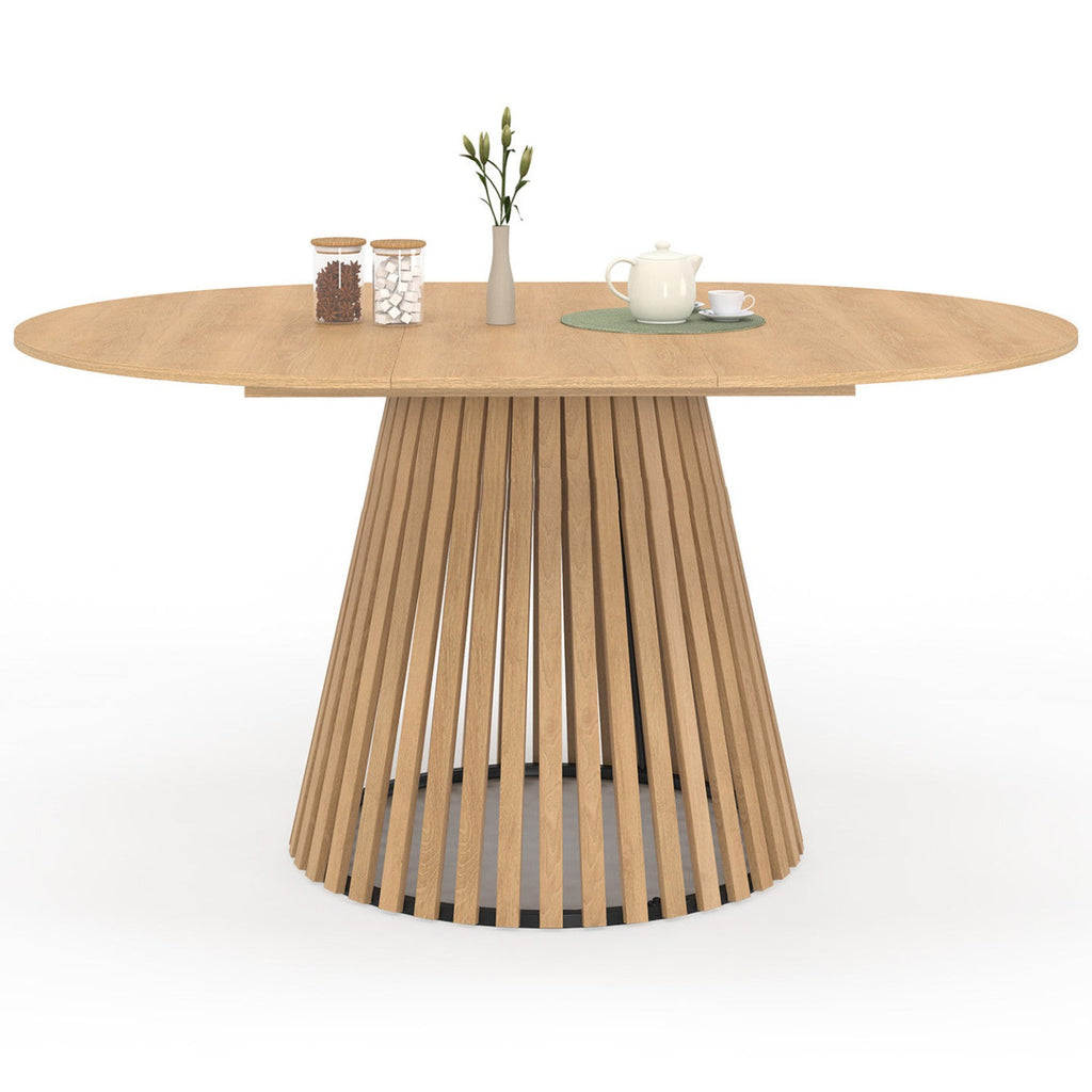 Table à manger ronde extensible CARMEN 4-8 personnes, pied en lattes de bois et plateau en bois 110 - 150 cm