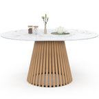 Table à manger ronde extensible CARMEN 4-8 personnes, pied en lattes de bois et plateau effet marbre blanc ALASKA 110 - 150 cm