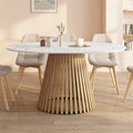 Table à manger ronde extensible CARMEN 4-8 personnes, pied en lattes de bois et plateau effet marbre blanc ALASKA 110 - 150 cm