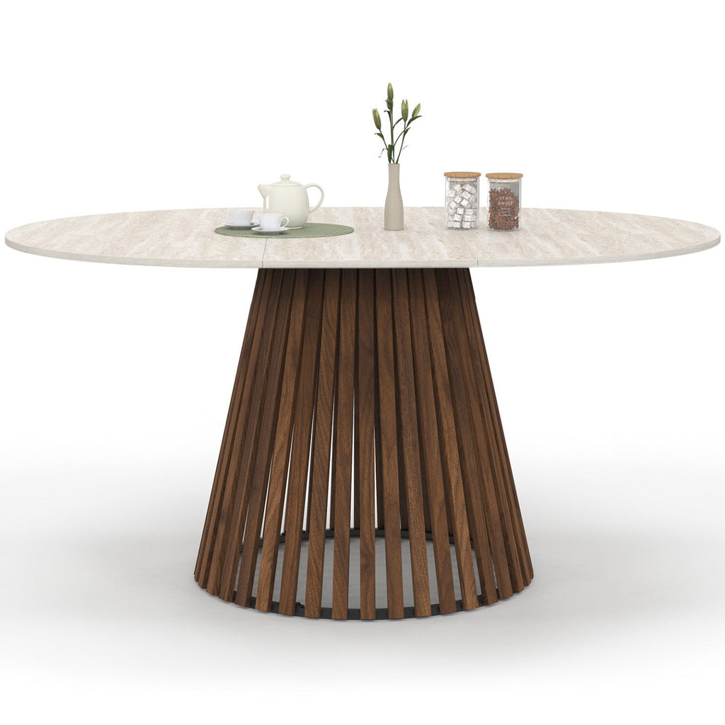 Table à manger extensible ronde CARMEN 4-8 personnes, pied en lattes de noyer et plateau effet travertin, 110 - 150 cm