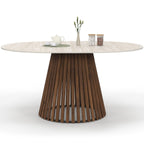 Table à manger extensible ronde CARMEN 4-8 personnes, pied en lattes de noyer et plateau effet travertin, 110 - 150 cm