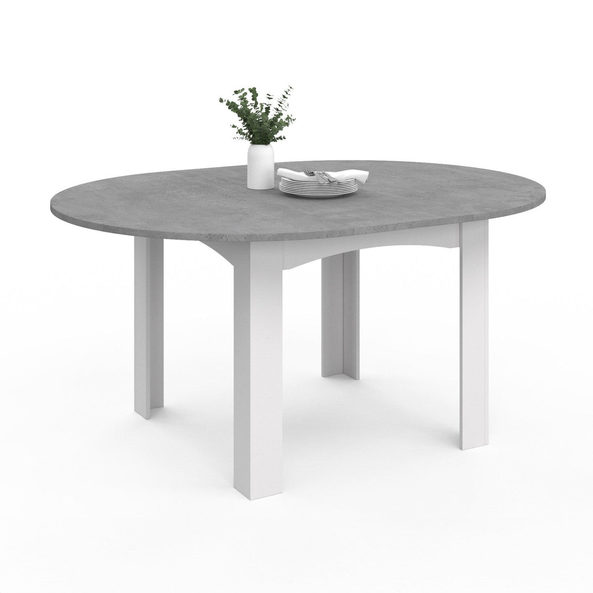 Table à manger extensible ronde DONA 4-8 personnes blanc plateau effet béton 110-150 cm