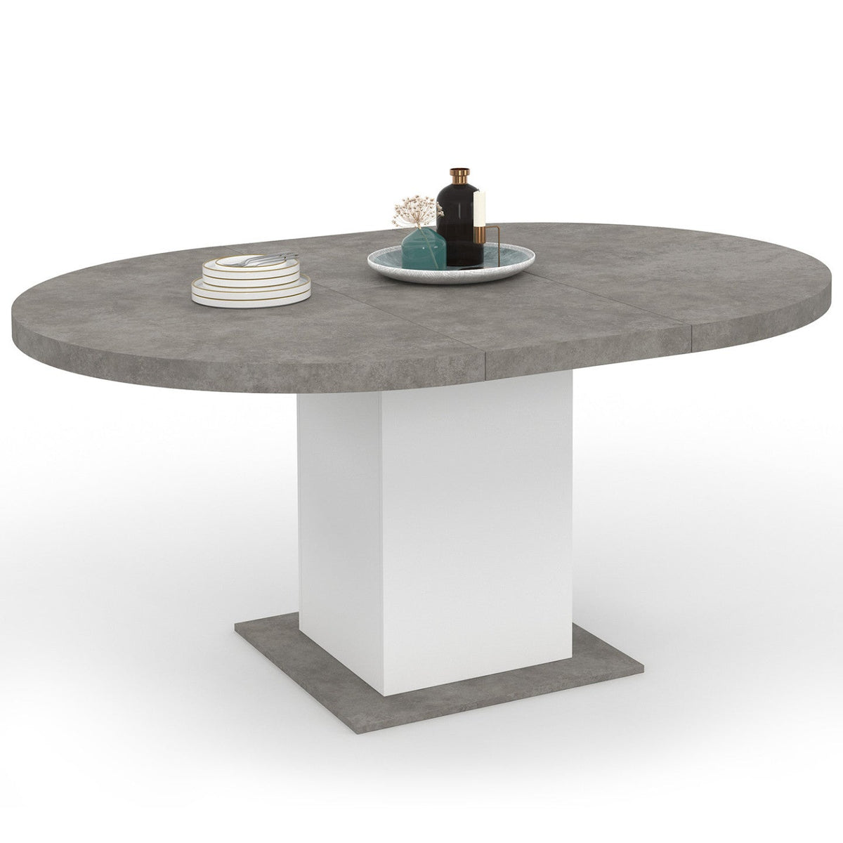 Table à manger extensible ronde EDEN 4-8 personnes béton et blanc 120-160 cm
