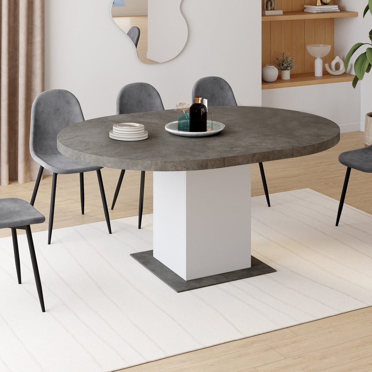 Table à manger extensible ronde EDEN 4-8 personnes béton et blanc 120-160 cm