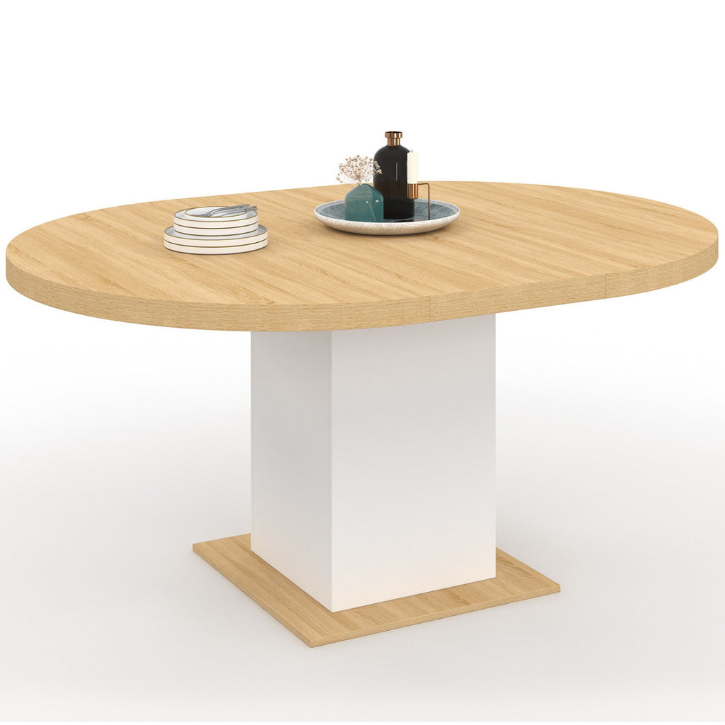 Table à manger ronde extensible EDEN 4-8 personnes bois et blanc 120-160 cm