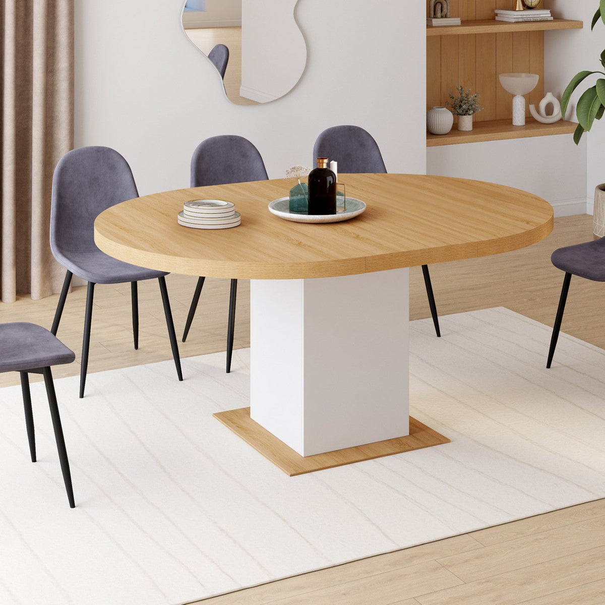 Table à manger ronde extensible EDEN 4-8 personnes bois et blanc 120-160 cm
