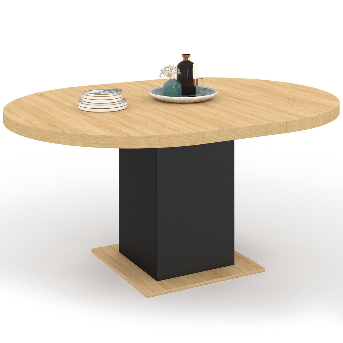 Table à manger ronde extensible EDEN 4-8 personnes bois et noir 120-160 cm