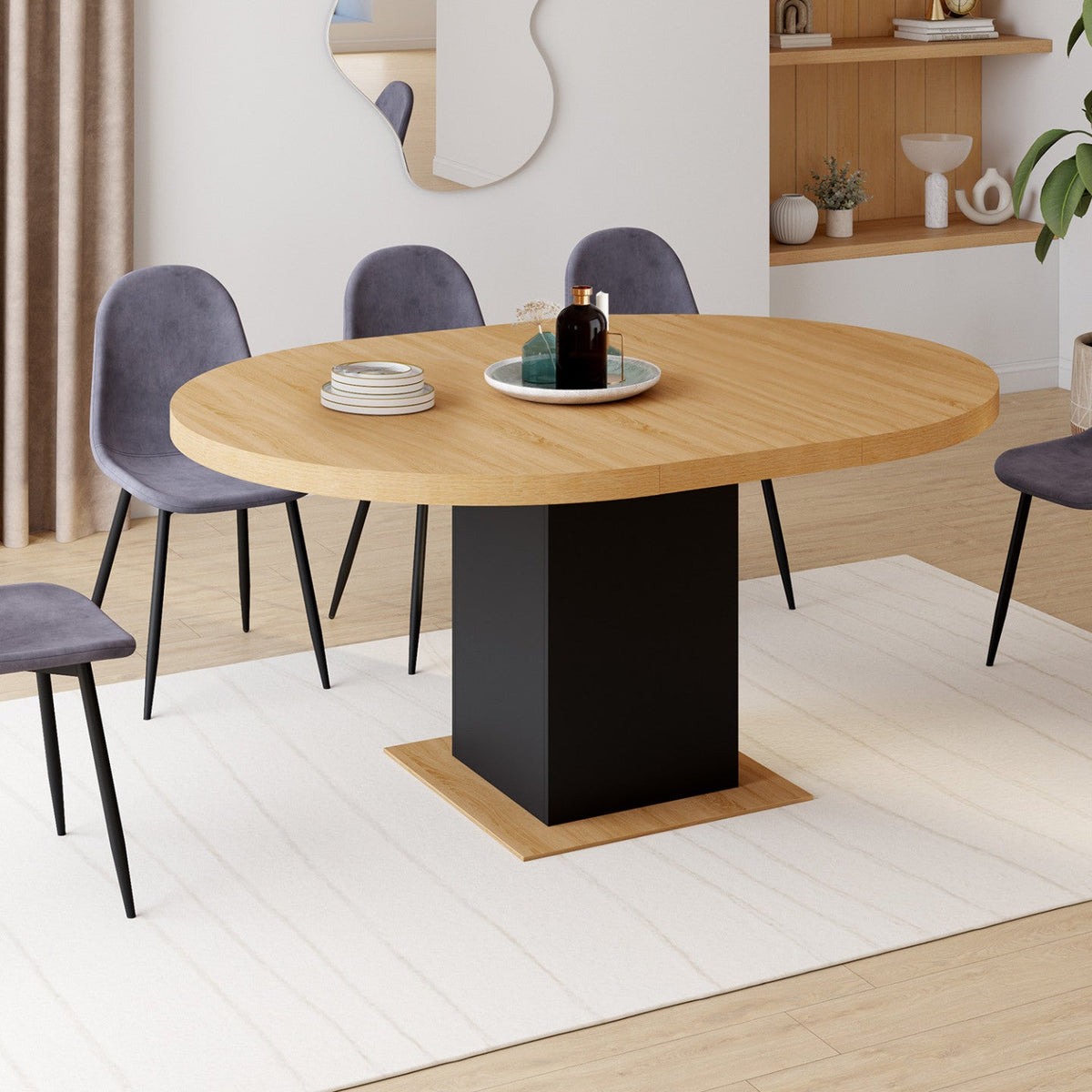 Table à manger ronde extensible EDEN 4-8 personnes bois et noir 120-160 cm