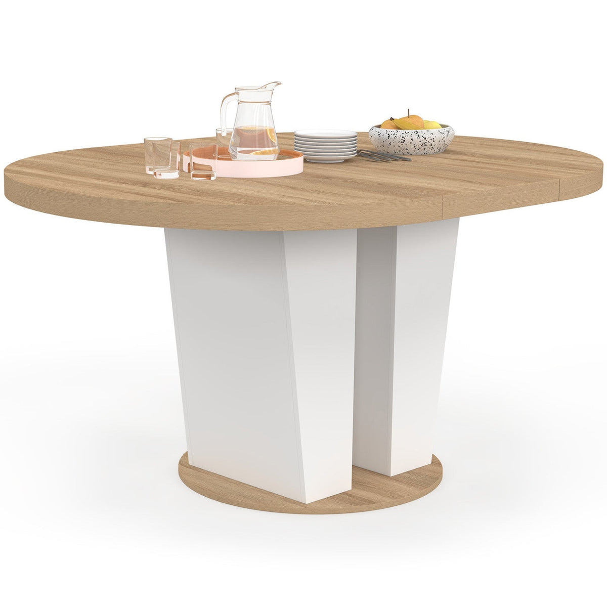 Table à manger extensible ronde ELIAD 4-8 personnes bois et blanc 110-150 cm