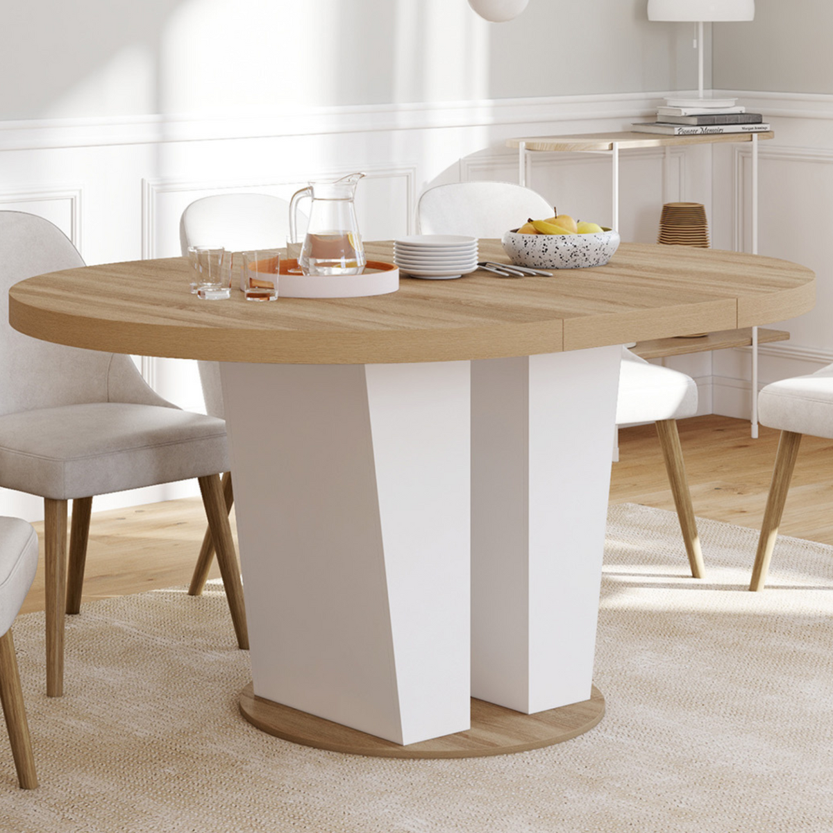 Table à manger extensible ronde ELIAD 4-8 personnes bois et blanc 110-150 cm