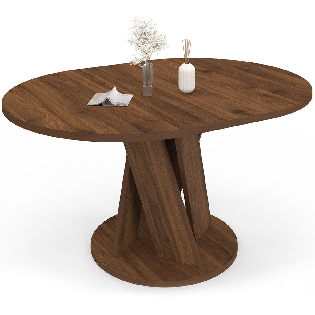 Table à manger ronde extensible JASMINE 4-8 personnes, pied central, noyer, 110-150 cm
